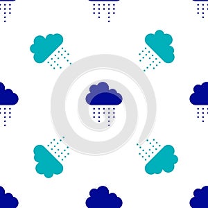 Blue Cloud with rain icon isolated seamless pattern on white background. Rain cloud precipitation with rain drops. Vector