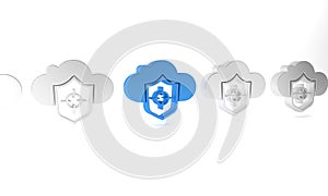 Blue Cloud and shield icon isolated on white background. Cloud storage data protection. Security, safety, protection