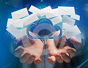 Blue cloud surrounded by realistic envelope email displayed on a