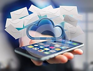 Blue cloud surrounded by realistic envelope email displayed on a