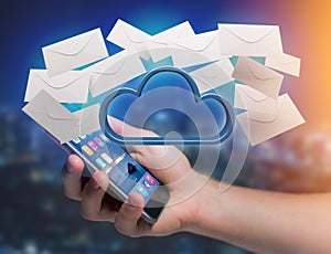 Blue cloud surrounded by realistic envelope email displayed on a