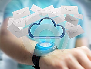 Blue cloud surrounded by realistic envelope email displayed on a