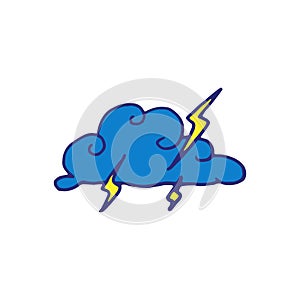 Blue cloud and yellow lightning vector illustration on white background. thunderbolt icon. weather icon, cloudy. rainy day. hand d