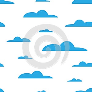 Blue clouds on white background. Sky seamlesss pattern. Cartoon modern white clouds in flat design isolated. Design for