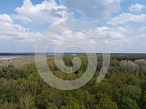 Blue cloudy skies over a dense forest, aerial view. Beautiful cloudy sky over the forest