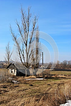 Blue cloudy sky above the meadow with small abandoned house, poplars without leaves, electricity pillar, line of country houses