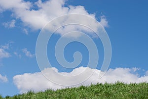 Blue cloudy sky and green grass background copy space