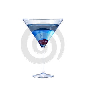 Blue cocktail with cherry in martini glass isolated on white background