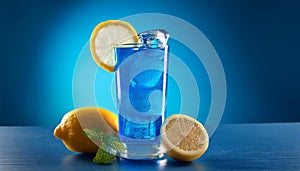 Blue cocktail with lemon, on blue