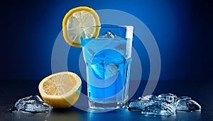 Blue cocktail with lemon, on blue
