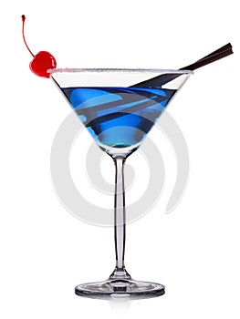 Blue cocktail in martini glass isolated on white background