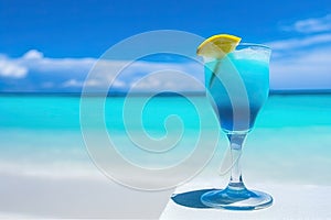 blue cocktail on the white sand of a paradisiacal beach with the sea in the background. Copy space. Ai generative