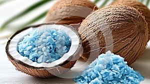 Blue coconut flakes in shell