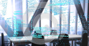 Blue code against blurry meeting room