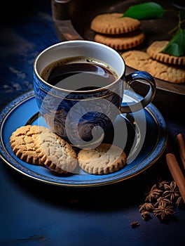 A blue coffee cup with a blue saucer sits on a blue plate with cookies