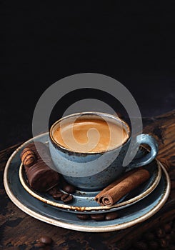 Blue coffee Cup, drink, aroma, coffee beans, wooden Board Cup, rustic, craft, dark, brown,black, espresso, place for text