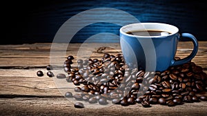 A blue coffee cup full of black coffee on a wood background with coffee beans