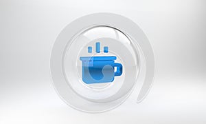 Blue Coffee cup icon isolated on grey background. Tea cup. Hot drink coffee. Glass circle button. 3D render illustration