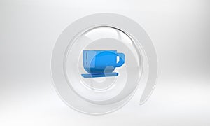 Blue Coffee cup icon isolated on grey background. Tea cup. Hot drink coffee. Glass circle button. 3D render illustration