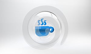 Blue Coffee cup icon isolated on grey background. Tea cup. Hot drink coffee. Glass circle button. 3D render illustration