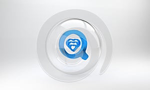 Blue Coffee cup icon isolated on grey background. Tea cup. Hot drink coffee. Glass circle button. 3D render illustration