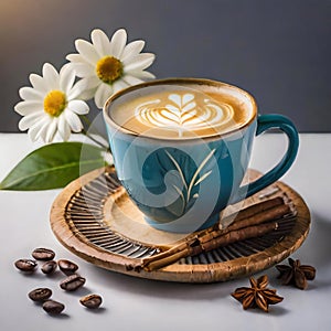 A blue coffee cup and saucer full of coffee with coffee beans and flowers