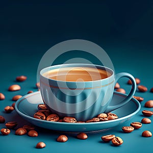 Blue coffee cup with saucer surrounded by coffee beans