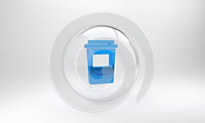 Blue Coffee cup to go icon isolated on grey background. Glass circle button. 3D render illustration