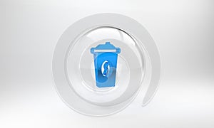 Blue Coffee cup to go icon isolated on grey background. Glass circle button. 3D render illustration