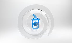 Blue Coffee cup to go icon isolated on grey background. Glass circle button. 3D render illustration