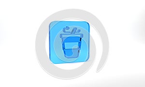 Blue Coffee cup to go icon isolated on grey background. Glass square button. 3d illustration 3D render