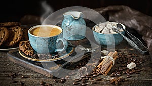 Blue coffee Cup on a wooden Board, coffee beans, sugar, flavor, chocolate cookies, vintage, retro, dark, craft