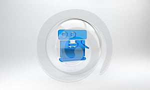 Blue Coffee machine icon isolated on grey background. Glass circle button. 3D render illustration