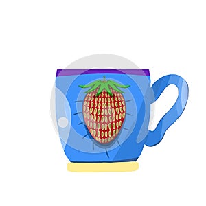 Blue coffee mug with yellow and purple edging.