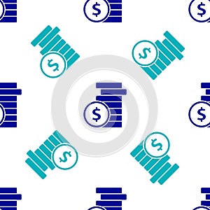 Blue Coin money with dollar symbol icon isolated seamless pattern on white background. Banking currency sign. Cash
