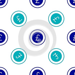 Blue Coin money with pound sterling symbol icon isolated seamless pattern on white background. Banking currency sign