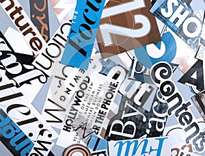 Blue collage of words on a mood board. bright atmospheric background of words and letters cut out from a magazine.