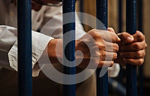 A blue collar man wearing white shirt and brown slacks behind the iron fence, hand holding iron fence with a sense of hopelessness