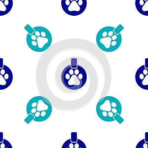 Blue Collar with name tag icon isolated seamless pattern on white background. Supplies for domestic animal. Dog or cat