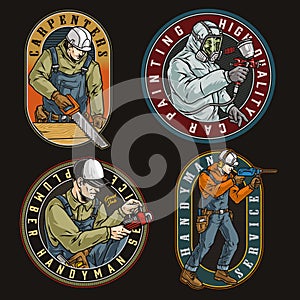 Blue-collar worker colorful emblems collection