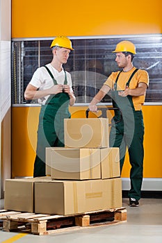 Blue-collar worker talking with his collaborator photo