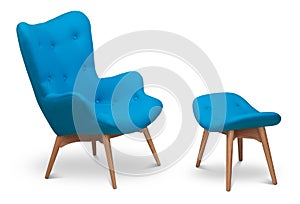 Blue color armchair and small chair for legs. Modern designer armchair on white background. Textile armchair and chair. Series of
