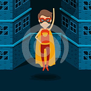 Blue color background buildings brick facade with superhero man with costumes and mask with hand up