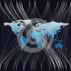 Blue color background with world map, abstract white waves, lines, curves, swirl. Motion design. Vector decoration.