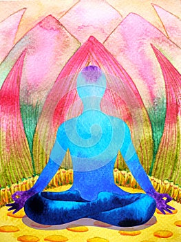 Blue color chakra human lotus pose yoga, abstract world, universe