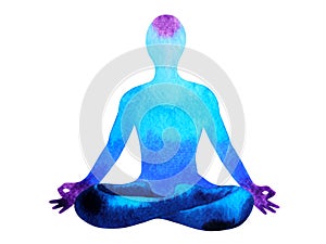 Blue color chakra human lotus pose yoga, abstract world, universe