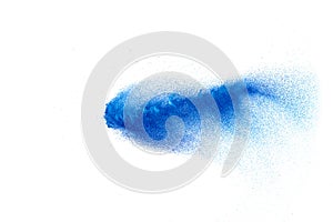 Blue color dust particles explosion cloud on white background.Color powder splash