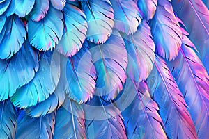 Blue Color Feathers Background, Rainbow Tint Colored Plumage, Scaly Wings Texture, Copy Space