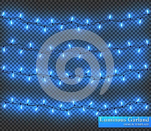 Blue Color garland, festive decorations. Glowing christmas lights isolated on transparent background