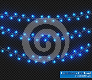 Blue Color garland, festive decorations. Glowing christmas lights isolated on transparent background